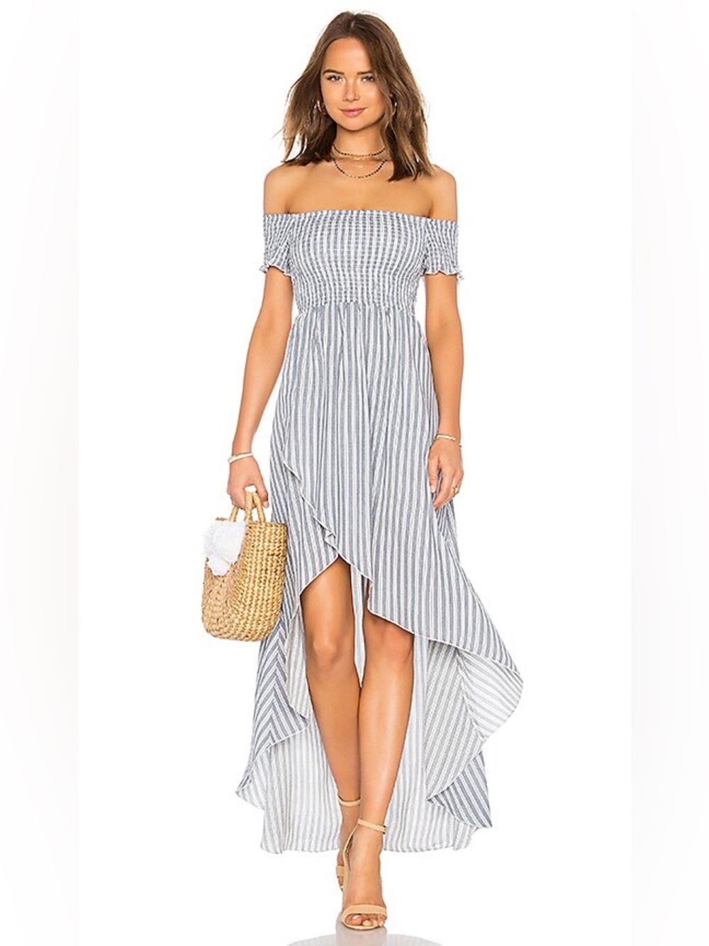 Show Me Your Mumu- Coastal Blue Striped Off-Shoulder Maxi Dress